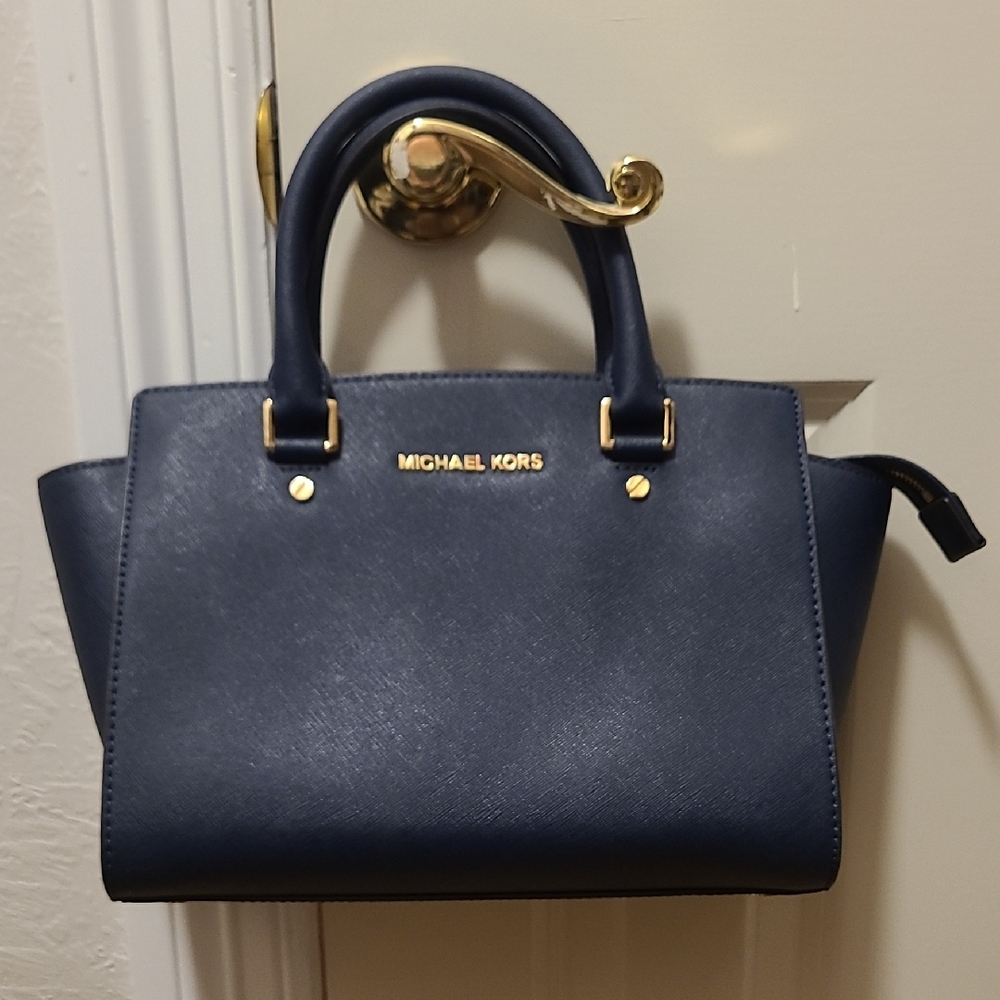 Michael Kors Dark Blue Satchel with Gold Accents